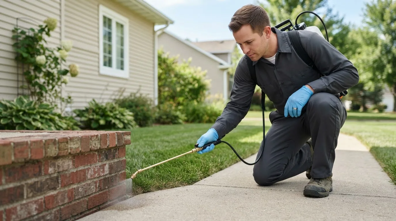 Pest control technician treating a home near Mount Vernon, ME